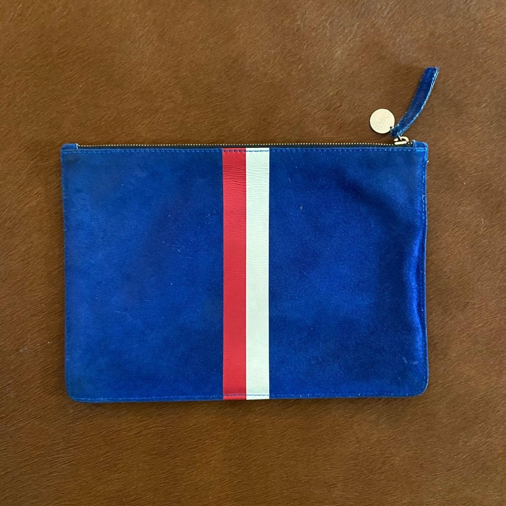 Clare Vivier blue red white striped clutch